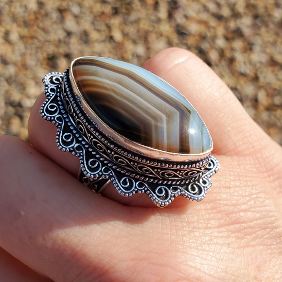New Huge Botswana Agate Antique Design 925 Silver Statement Ring. - Picture 15 of 16